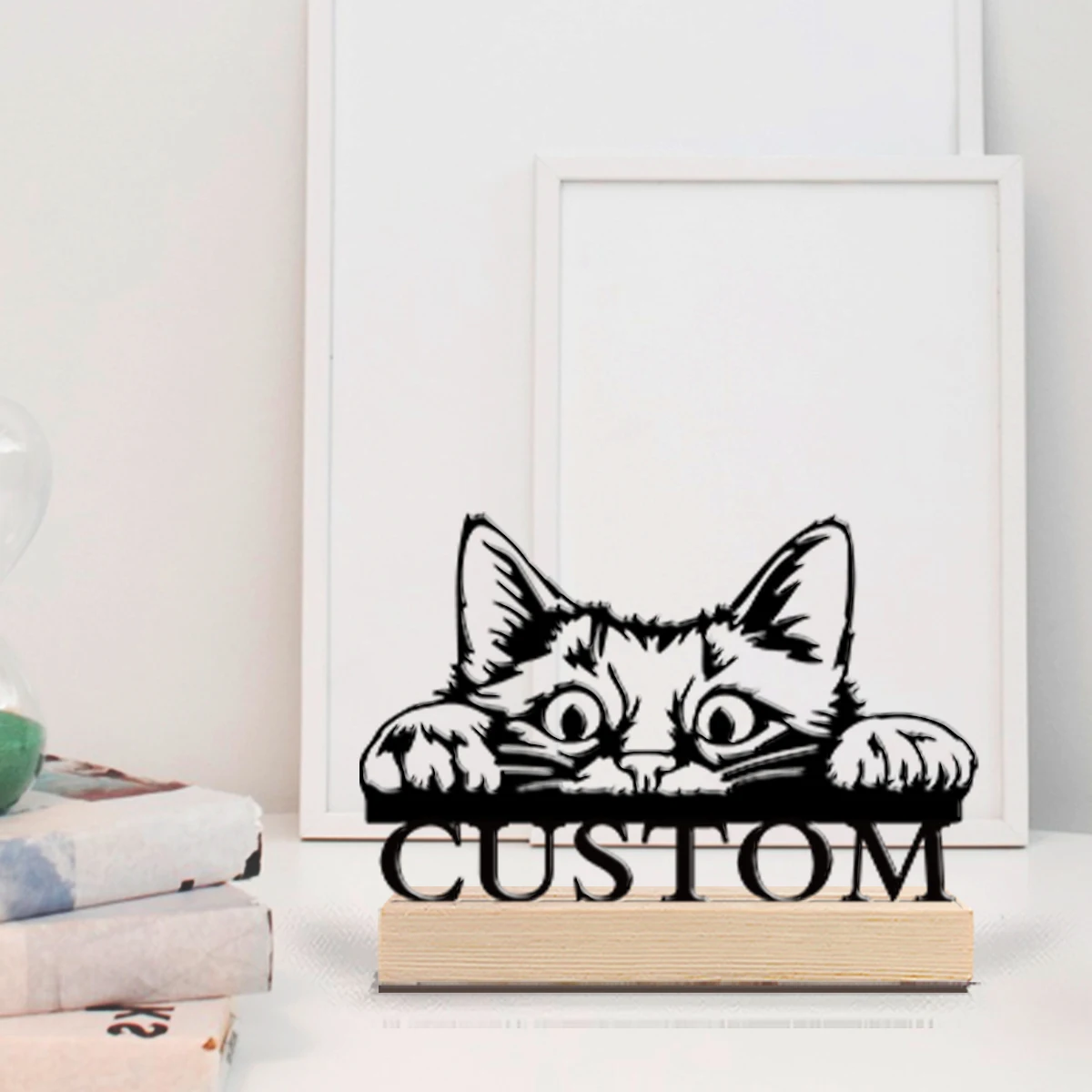 1pc Minimalist cat Custom Name Metal Statue Art Figurine With Wood Base Tin Ornament With Wood Base For Friend Gifts