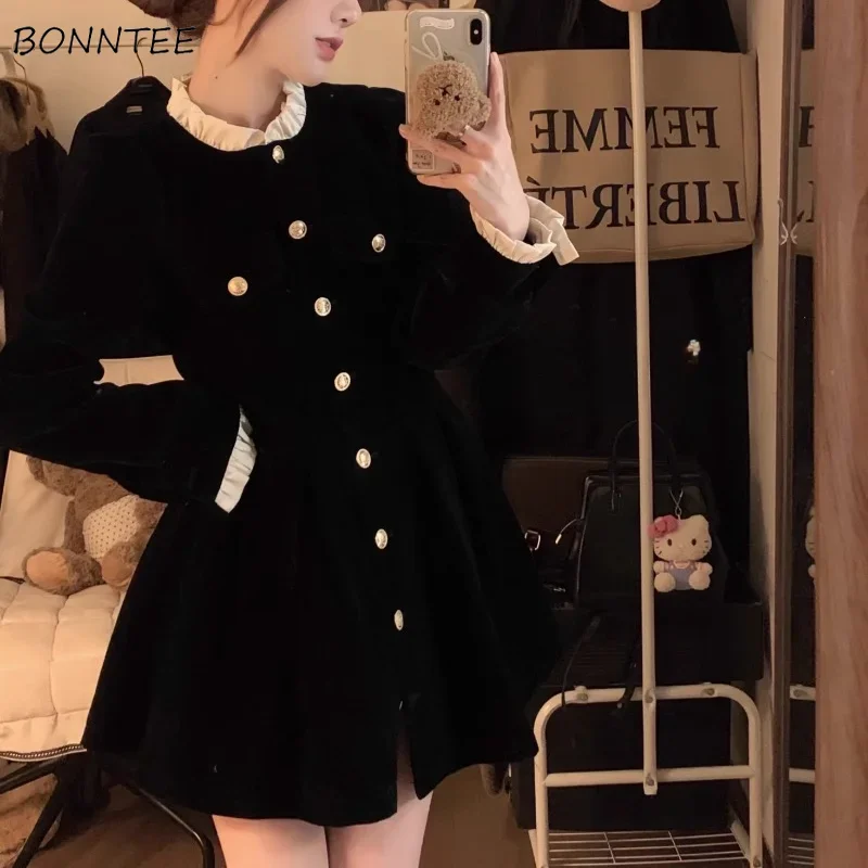 Long Sleeve Mini Dress Women Velvet Button-up A-line Elegant Temper Spring Ruffles Patchwork Ulzzang Seductive Trendy Streetwear