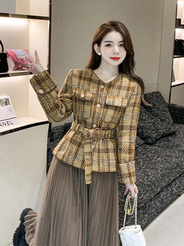 Fall Winter New Skirt Suit Women High Quality Elegant Plaid Tweed Jacket Coat+Mid Mesh Skirt Casual Evening Party Two Piece Set