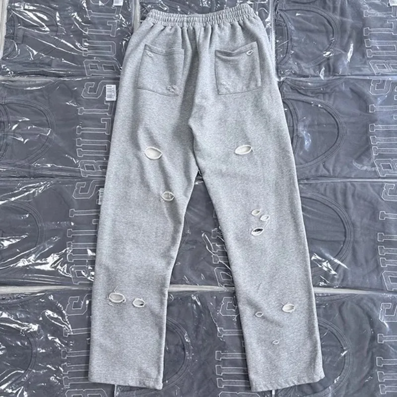 Washed Hole Damaged Lost Shdws Sweatpants Embroidery Floral Casual Pants Men Women Black Gray Loose Drawstring Jogger Trousers