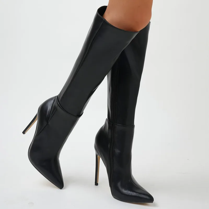 Elegant Knee-high Boots For Women Stiletto Pointed Toe Chelsea Boots Side Zipper Solid Color Female Shoes Fashion Runway Stylish