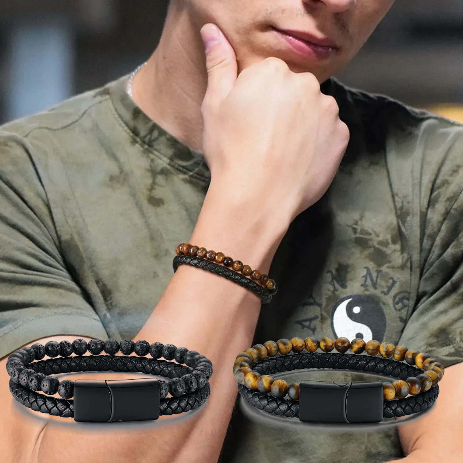 سوار رجالي مخصص من الفولاذ المقاوم للصدأ مغناطيسي من الحجر الطبيعي والجلد سوار مطرز متعدد الطبقات هدية مقدمة لصديقها