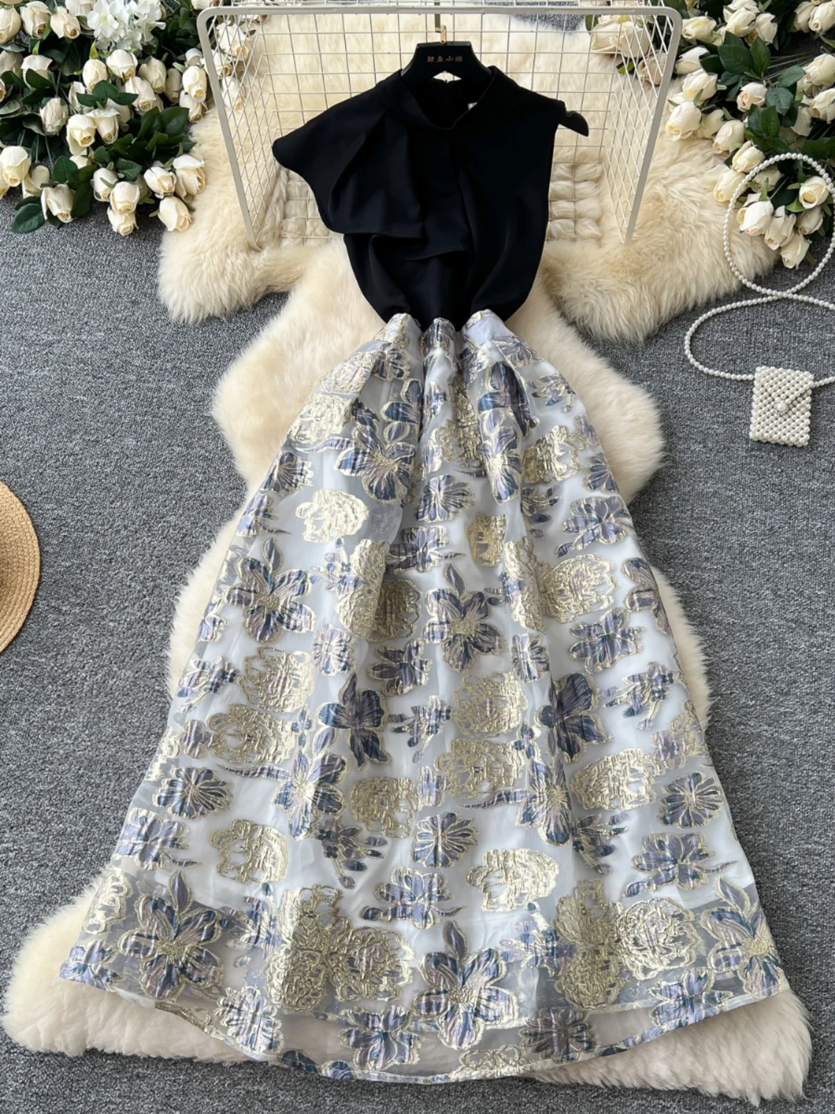 Spring New High Waist Gown for Women with Gold Embroidery And Svel Waist-Cinching Dr Korean Sle A-Line Skirt