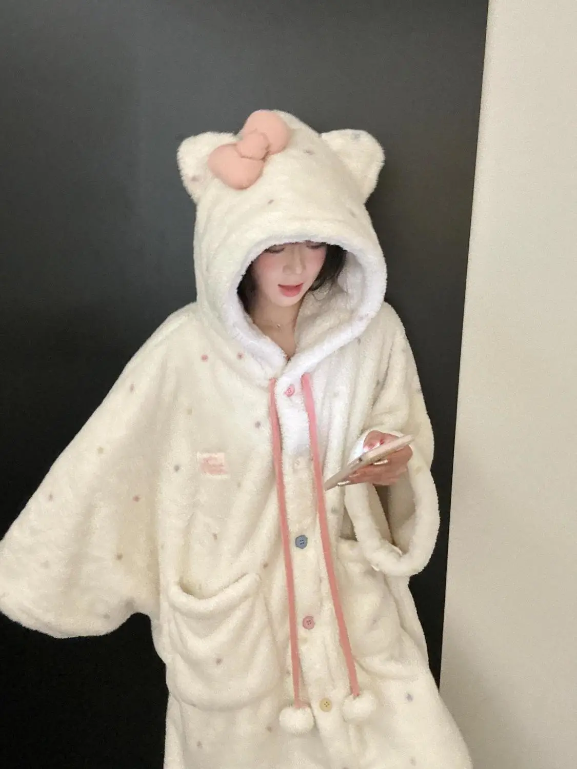 Thickened Coral Fleece Pajamas Women's Winter Home Clothes Set Large Size with Print Cartoon Design Can Be Worn outside 4