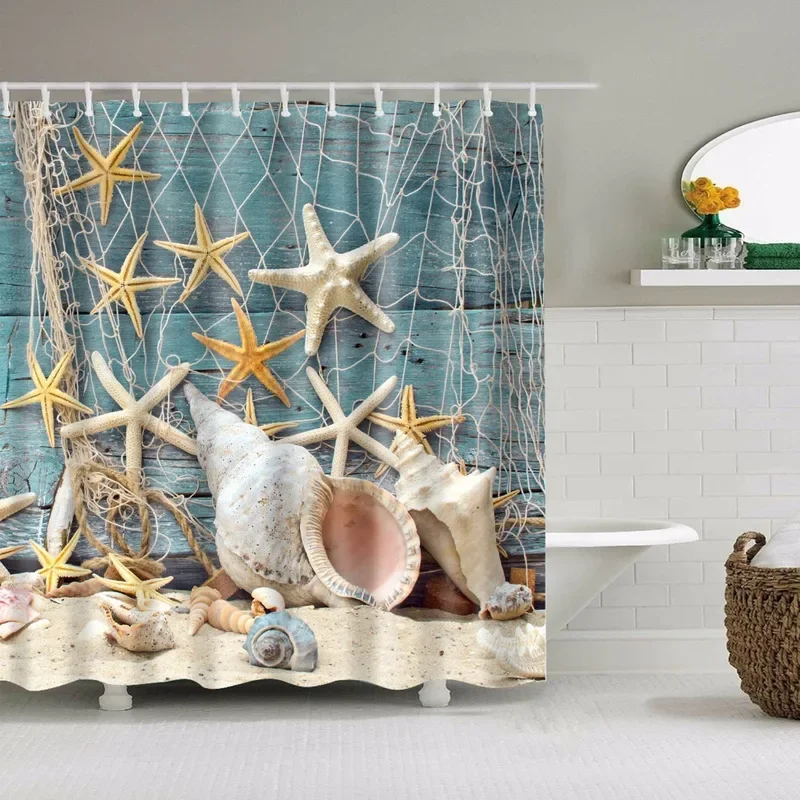 Seaside Scenic Beach Shells Shower Curtains Starfish Conch Blue Board Palm Trees Sunset Nature Scenery Bathroom Curtain Decor