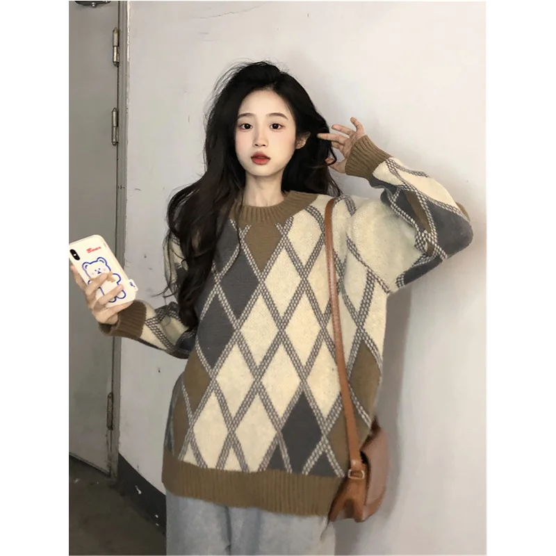 

Women's 2022 Fashion New Pattern Rhombic Lattice Sweater Versatile Temperament Comfortable Knitted Sweater Autumn and Winter