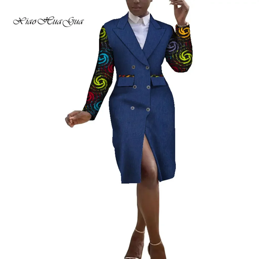 

New African Clothes for Women Fashion Turn-down Collar Long Trench Coats African Print Long Sleeve Outwear WY8857