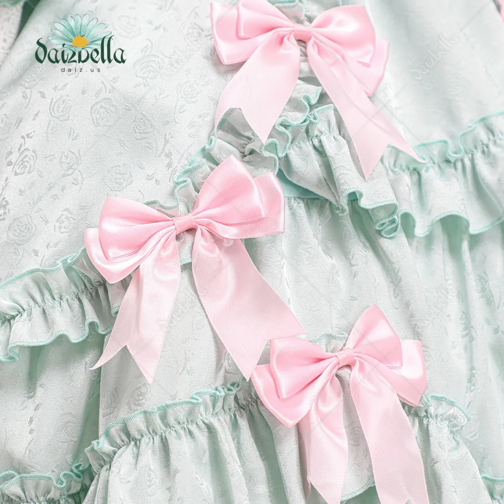 US Stock DAIZBELLA Women's Pompadour Style Mini Dress in Blue Satin Rococo Inspired Vintage Dress​ with Pink Bow Decorations view 4