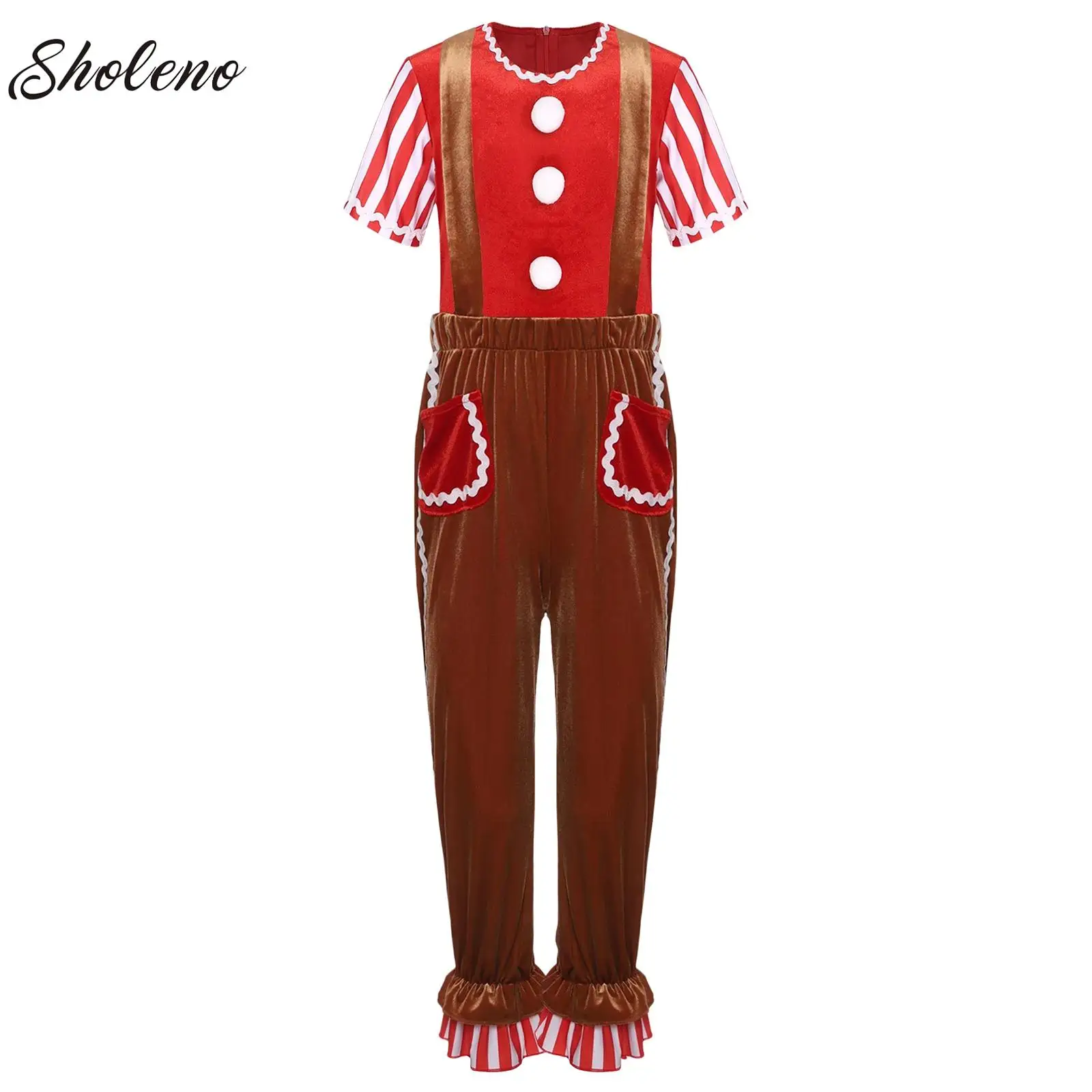 

Teenage Stripes T-shirt with Suspender Pants Suit Christmas Gingerbread Man Cosplay Costume Girls Halloween Dress Up Clothes Set