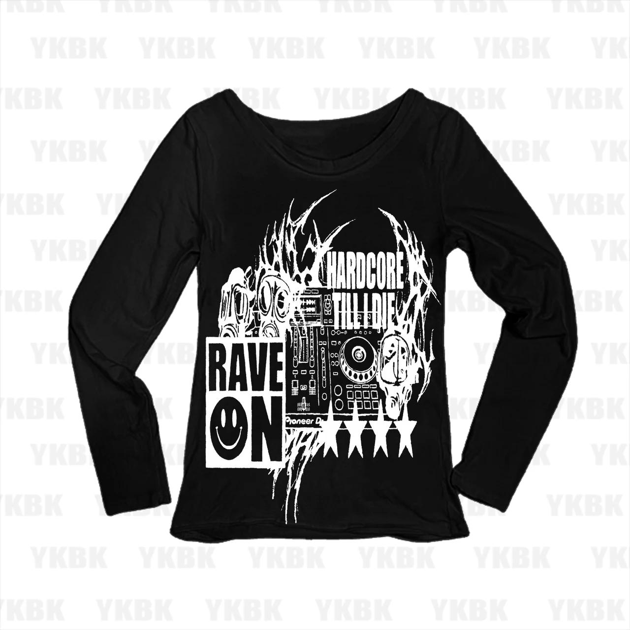 Rave On Hardcore DJ Turntable Smiley Graphic Print Women Long Sleeve T‑Shirt Slim Fit Rave Music Ladies Tops