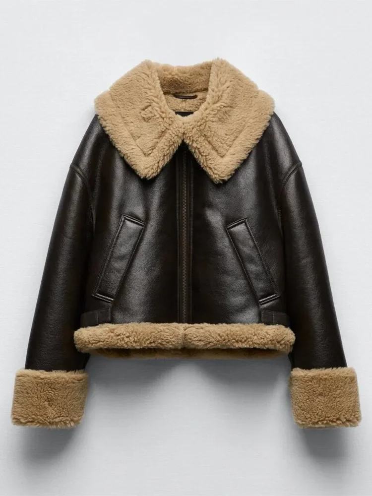 Fashion Fur Coat Women Lamb Wool Lapel Jackets Double-sided Short  Women Coat   Autumn And Winter Warm Cotton Jacket Coat