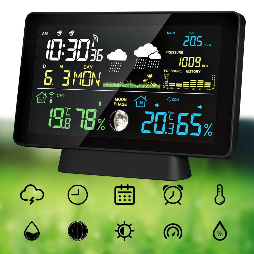 Electronic Digital Weather Station Temperature Humidity Rainfall Barometric Pressure Moon Phase Weather Forecast Alarm Clock