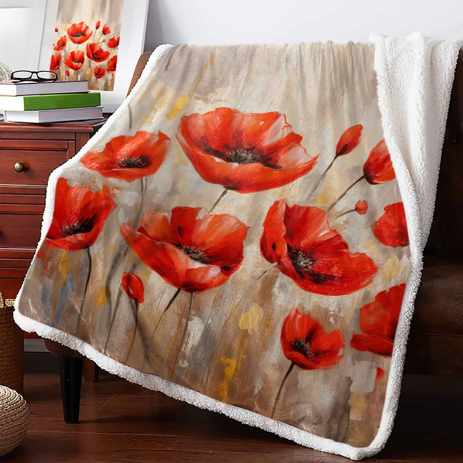 Spring Watercolor Poppy Flower Plant Cashmere Blanket Warm Winter Soft Throw Blankets for Beds Sofa Wool Blanket Bedspread