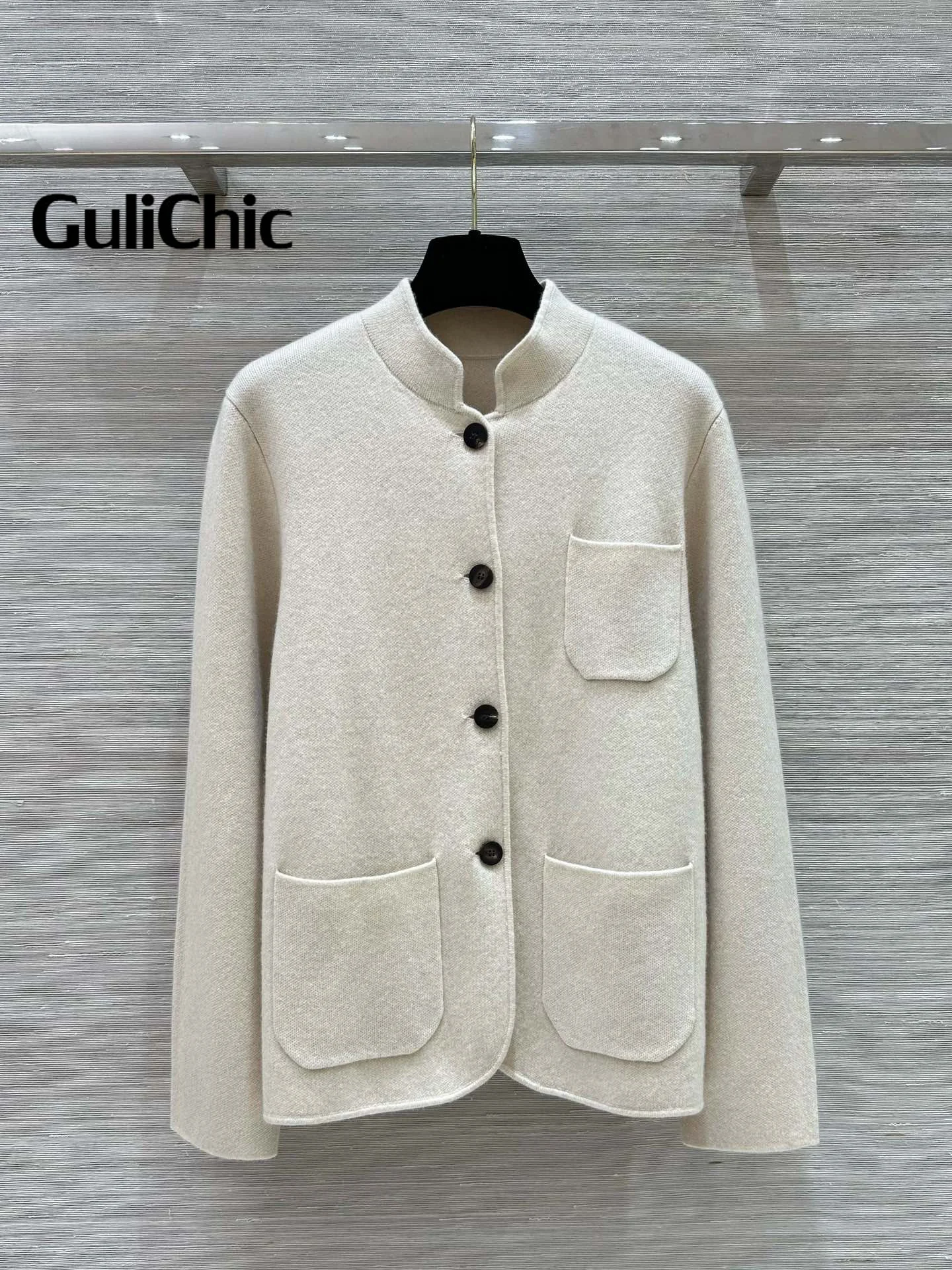 9.5 GuliChic 2024 Temperament Cashmere Knit Set Stand Collar Single-Breasted Pocket Cardigan +High Waist Straight Pants Women