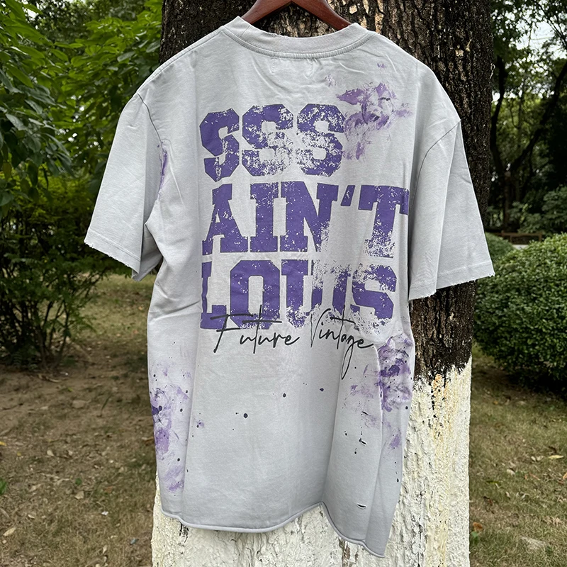 25ss Saint Louis O-neck Hand Drawn Letter Printing Hole Washed Summer Oversized T Shirt Grey Street Fashion Men