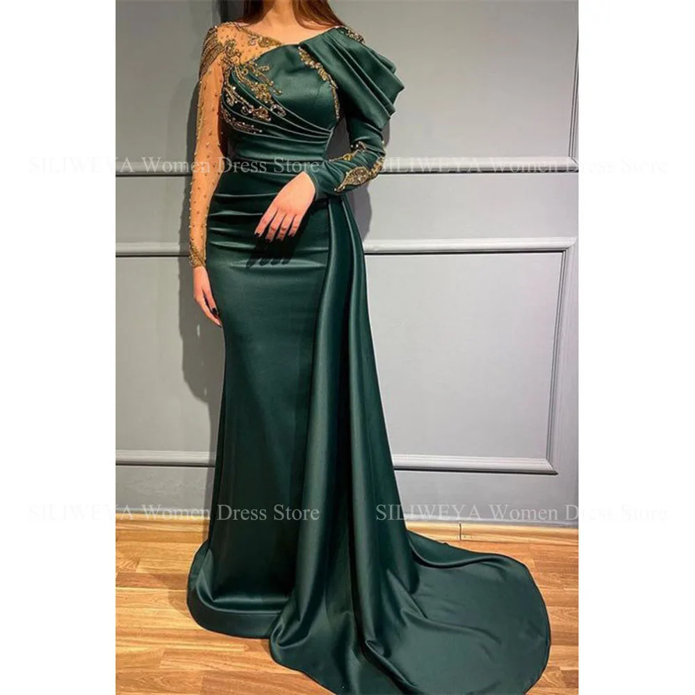 High-end Green Women Prom Dresses V-neck Floor Length Mermaid Full Sleeves Appliques Sequined Illusion Evening Party Gowns