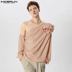 Stylish Sexy Tops INCERUN 2024 Men Chiffon Sloping Shoulder T-shirt Casual Party Shows Male Hot Sale Long Sleeved Camiseta S-5XL