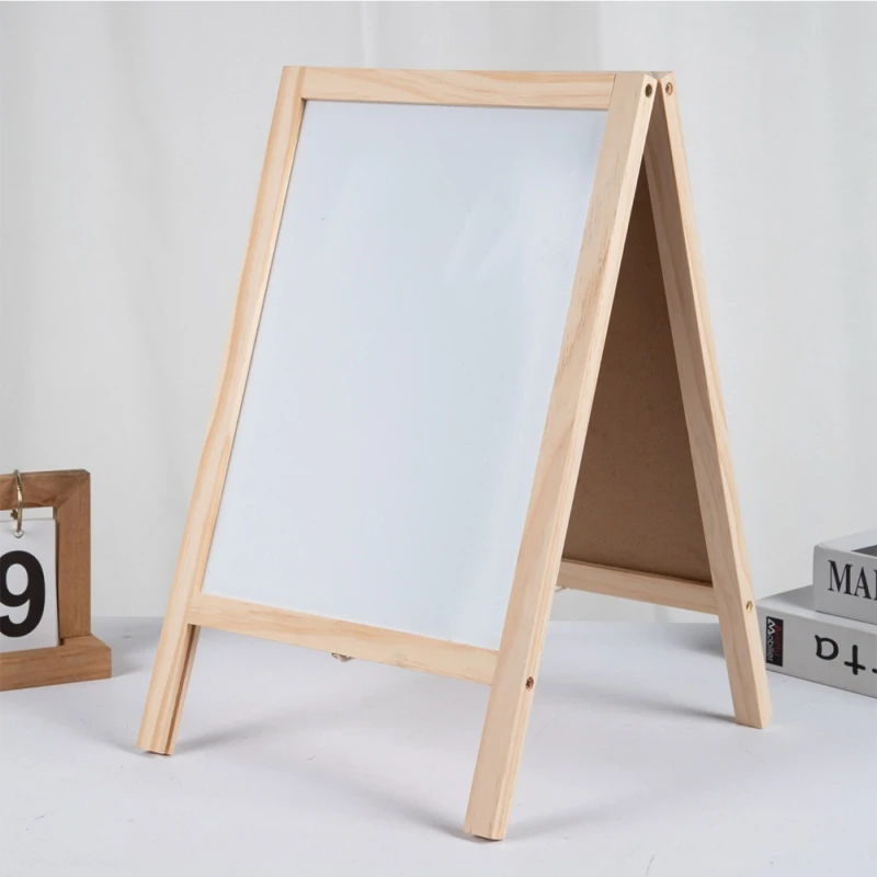 Wooden Writing Board Double-Sided Foldable Easel Blackboard Draw Board Wooden Magnetic Message Board Erasable Chalk Blackboard