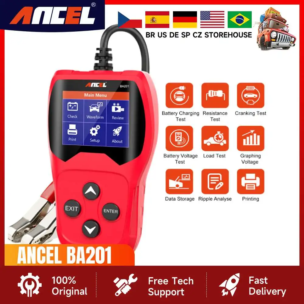 ANCEL BA201 Car Battery Tester Detector 12V 100-2000 CCA Battery Load Tester Automotive Cranking Charging System Digital Analyze