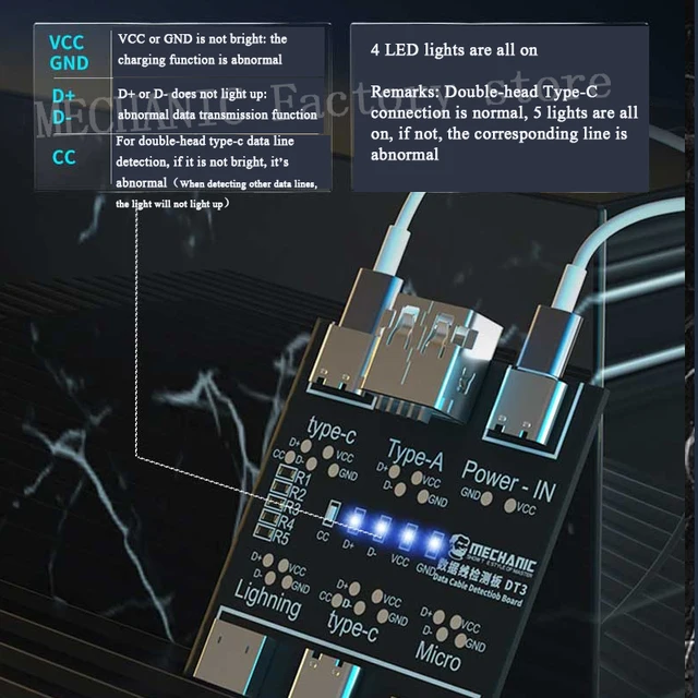 MECHANIC DT3 Tester kabli USB Płytka wykrywania kabli danych dla iOS Android Type-C Narzędzie do testowania przełączania zwarć On-Off