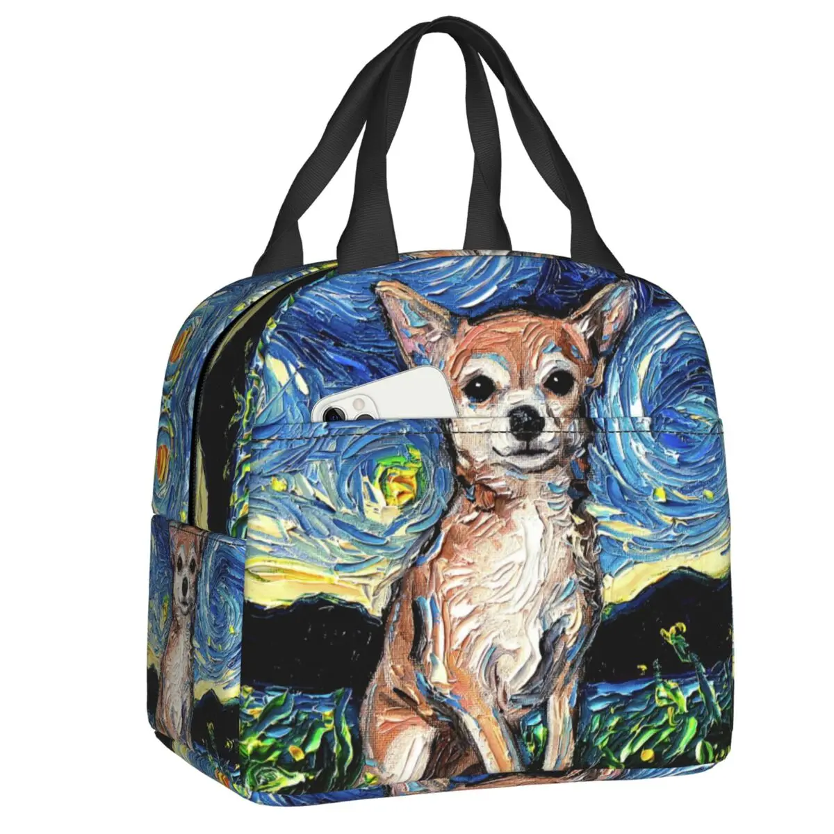 Chihuahua Starry Night Art Thermal Insulated Lunch Bag Women Portable Lunch Tote for Outdoor Picnic Multifunction Food Bento Box