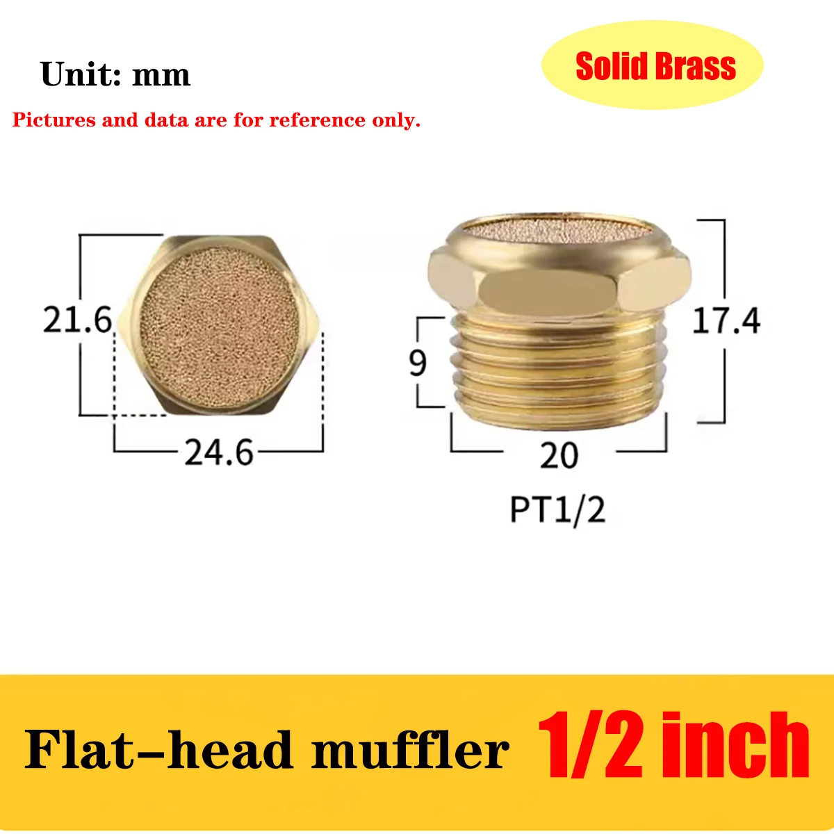 Solid Brass Pneumatic Muffler 1/8 1/4 3/8 1/2 Inch BSPT Thread Flat Head Air Exhaust Filter