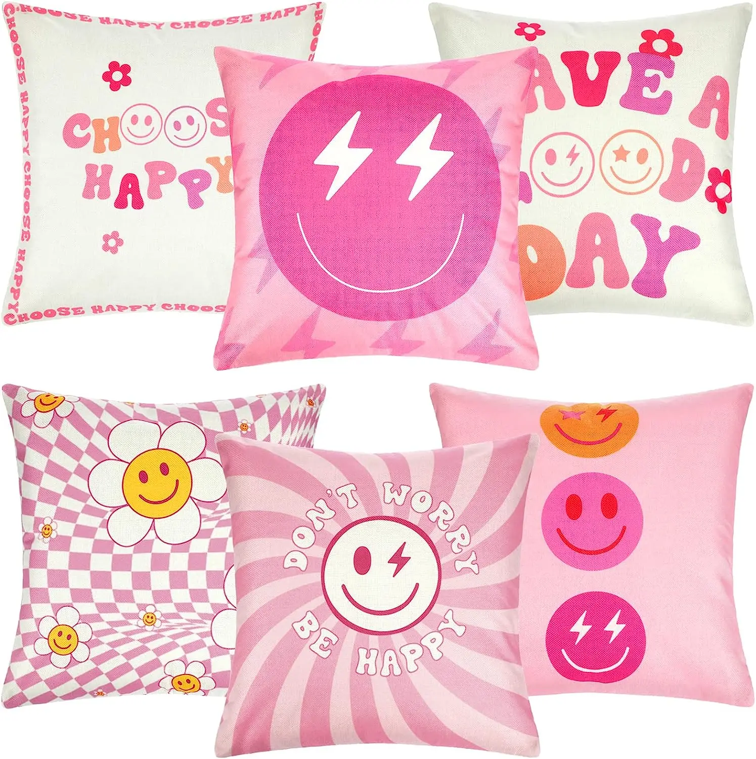 

6 Pcs Decorative Pillowcase Cute Aesthetic Pillow Covers Smile Face Room Decor Preppy Stuff Pillow Case for Teen Girls 40x40cm