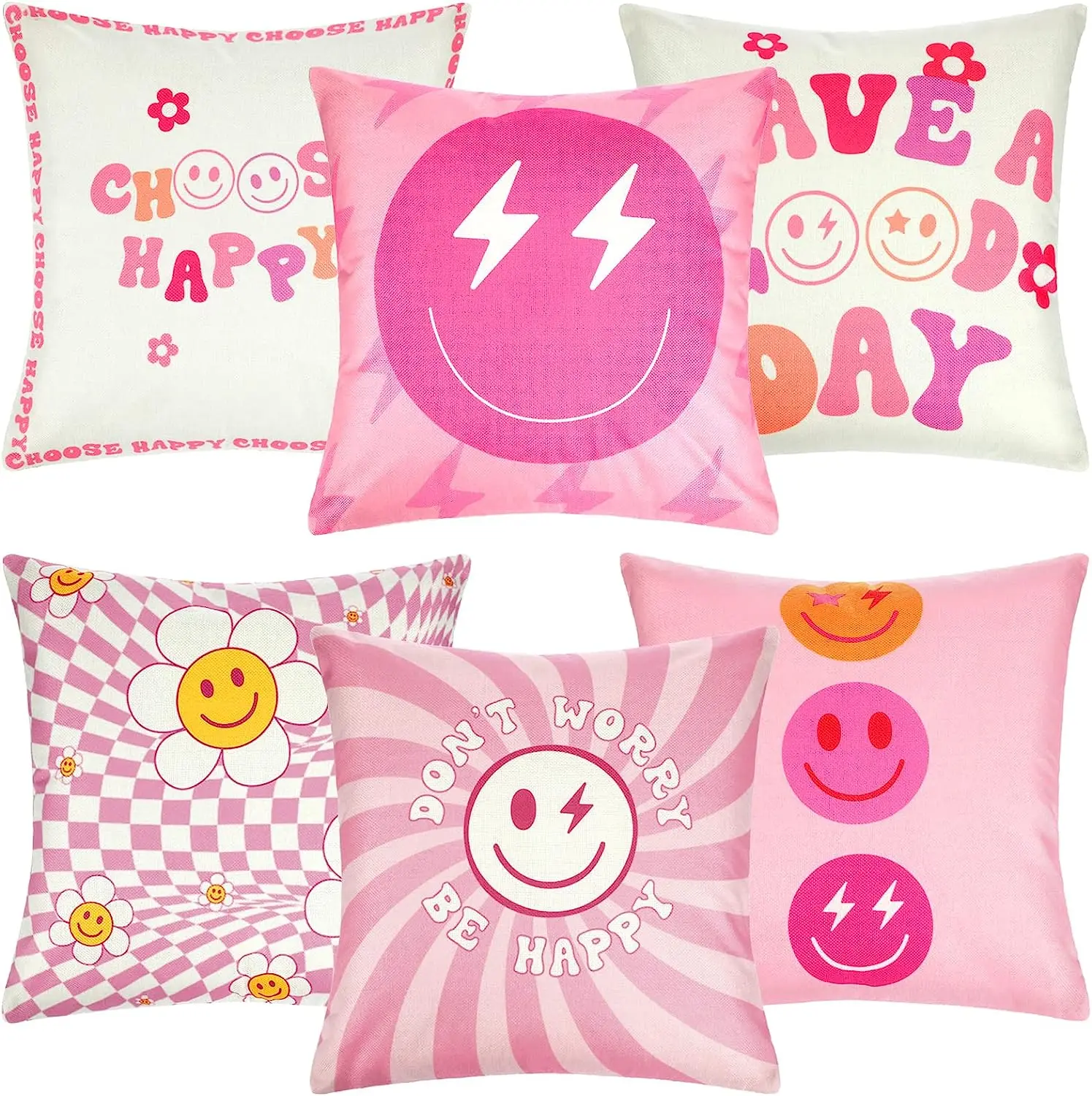 6 Pcs Decorative Pillowcase Cute Aesthetic Pillow Covers Smile Face Room Decor Preppy Stuff Pillow Case for Teen Girls 40x40cm