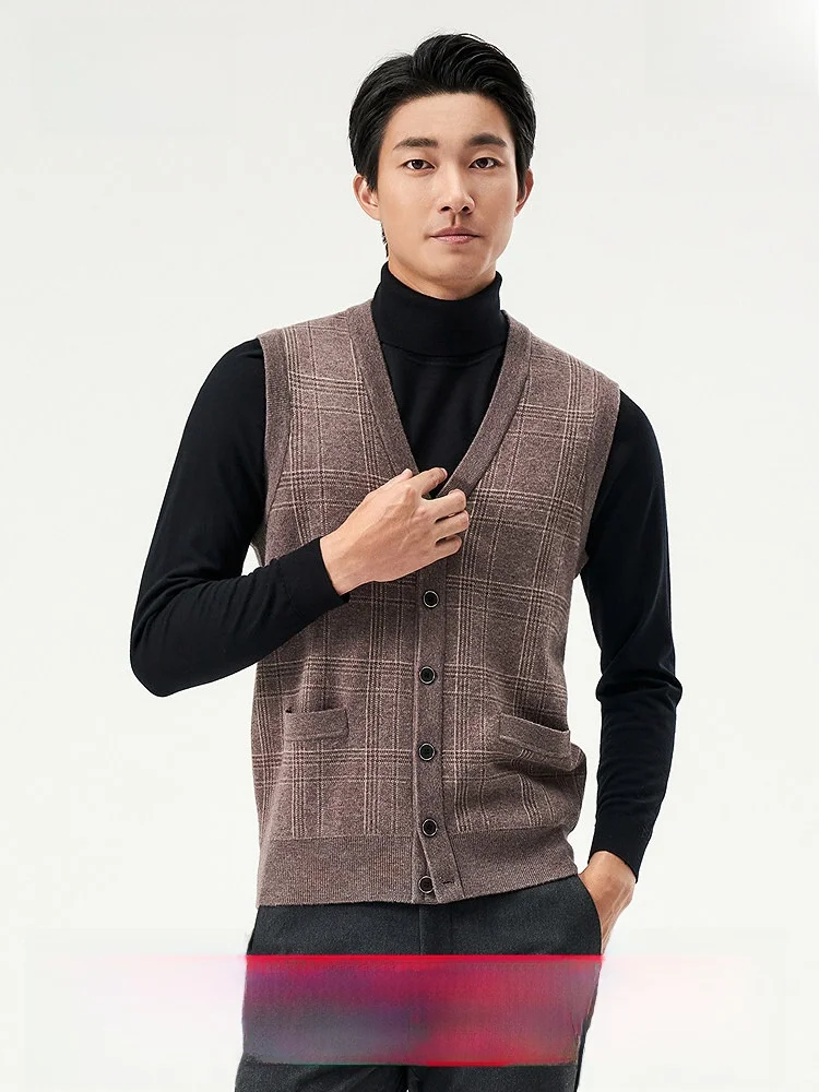 Hengyuanxiang Men's Pure Wool Vest Thickened Winter Fashion V-neck Button Decorated Knitted Sweater Warm Outerwear Jacket