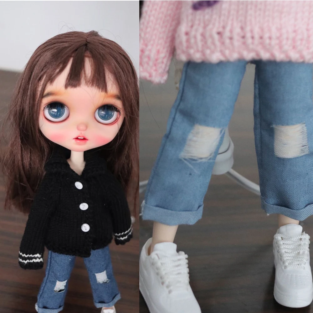 

H01-A004 children handmade toy 1/6 ob24 azone blyth doll torn denim cropped pants clothes color light blue 1pcs