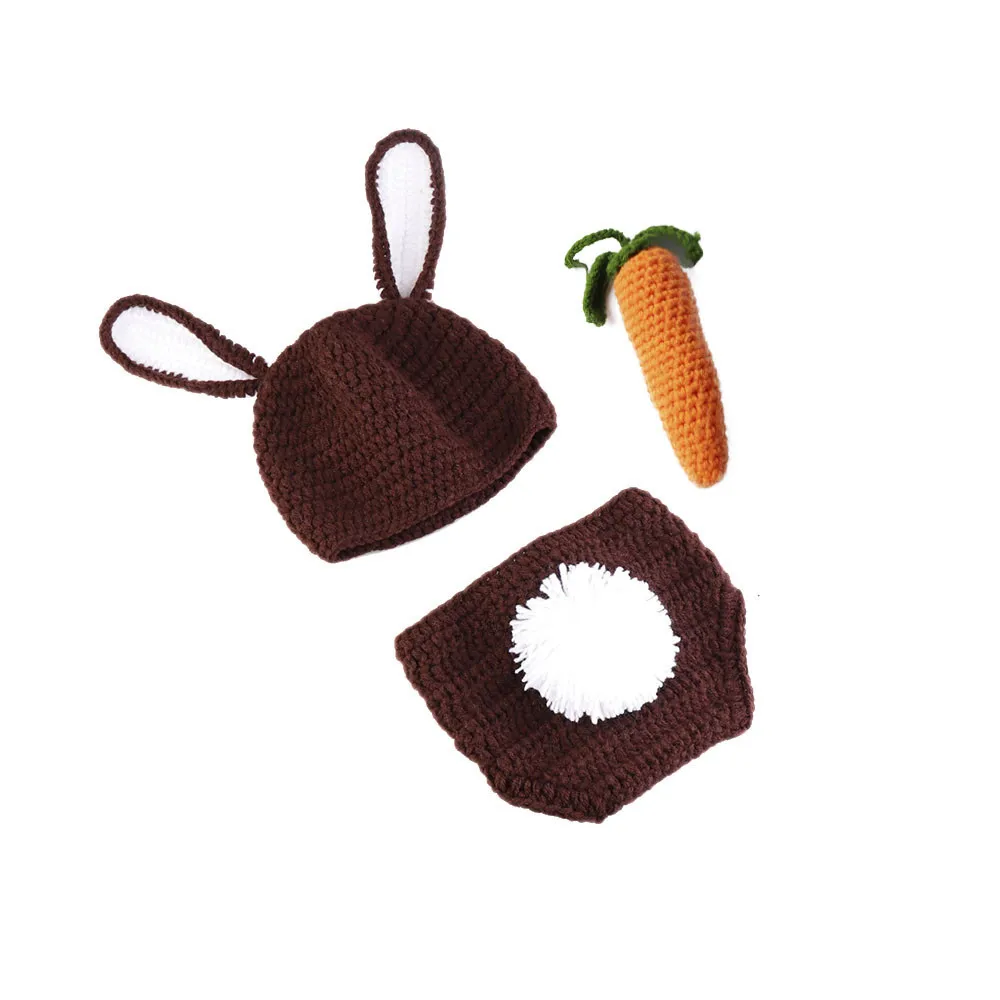 0-3 Months 100 Days Newborn Baby Photography Clothing Cartoon Rabbit Bunny Shape Costume Brown 3pcs/set With Carrot
