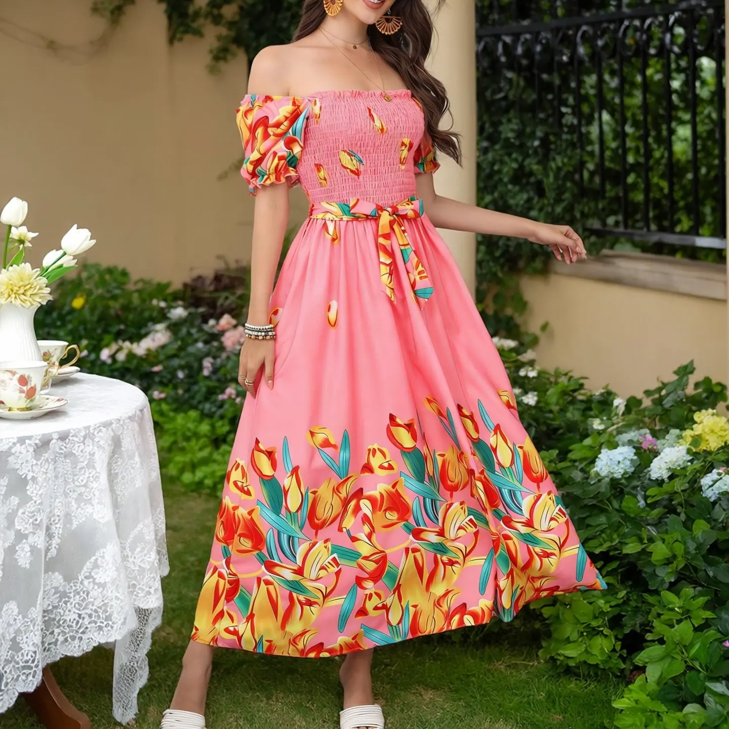 YuooMuoo Schickes Modisches Blumenprint-Kleid für Damen 2026 Neues Sommerkleid mit Elastischer Taille und Gürtel A-Linie Langes Kleid Damen Strand-Vestidos