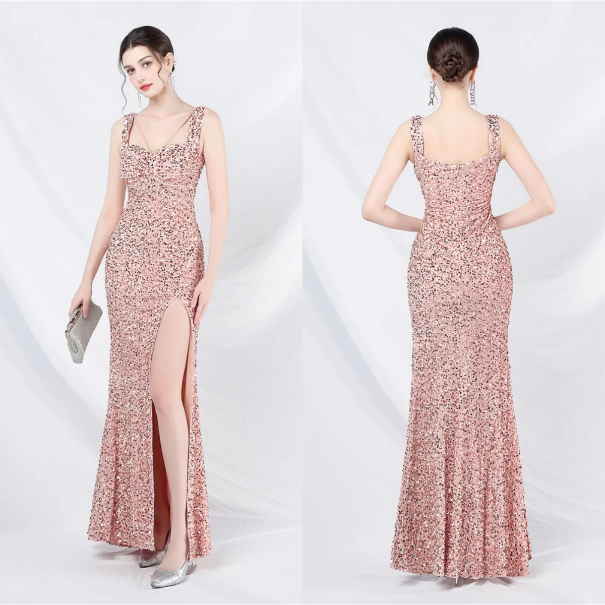 

Evening Dress Pink Sequins Stretchy Sgaphetti Straps Sleeveless Zipper Mermaid Trumpet Floor Length Slit Women Party Formal Gown