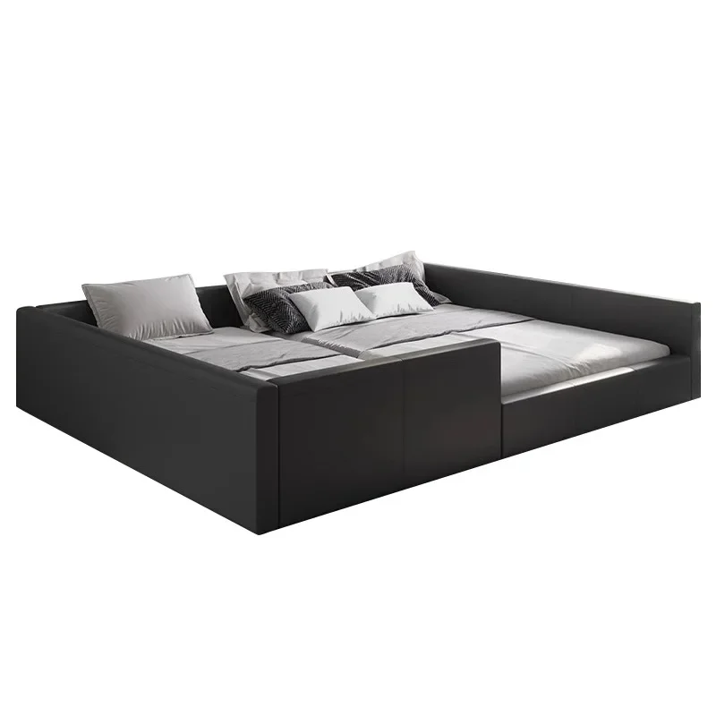 King size bed 3 meters mother and child tatami, splicing bed black leather bed
