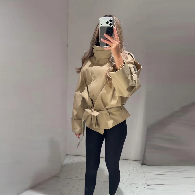 Modischer Stehkragen-Damen-Windbreaker Einfarbiger Doppelreihiger Schnür-Mantel mit Langen Ärmeln Damen-Oberbekleidung 2026 Herbst Neue Kollektion – Detail 10