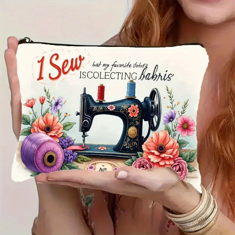 Vintage Sewing Machine & Floral Print Zipper Pouch - 