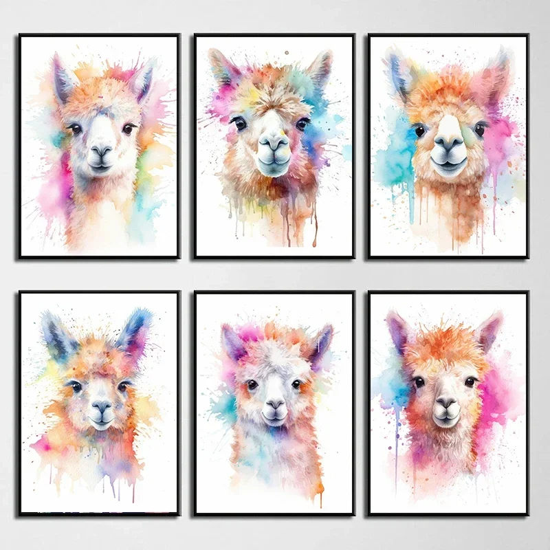 Watercolor Llama Alpaca Animal Posters and Prints Canvas Painting Wall Art Pictures for Living Room Home Decoration