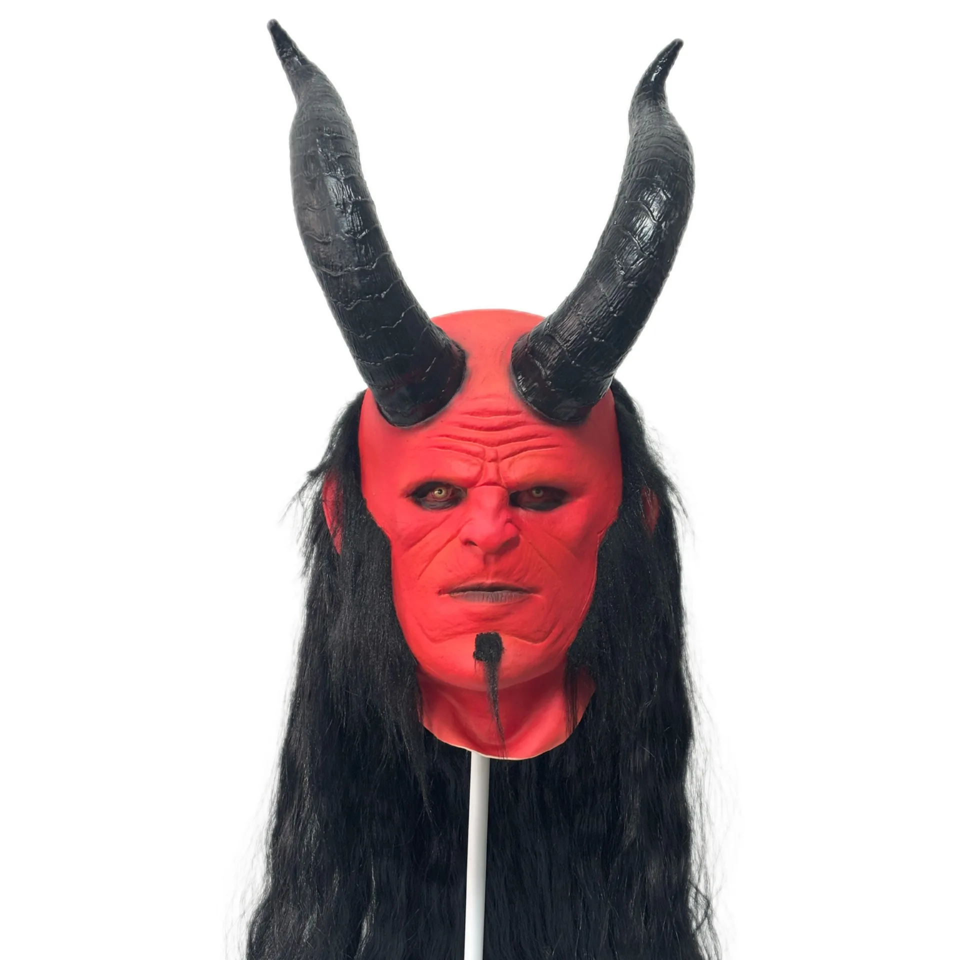 Rote Dämonen-Vollkopf-Latexmaske mit langen schwarzen Haaren, großem Horn, Monstermaske für Erwachsene, Halloween-Cosplay, Maskerade, Karnevalsparty-Requisite – Detail 1