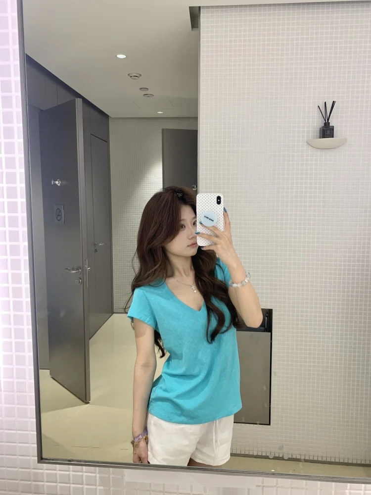

Slim Fit V-Ne ort Sve T-irt Women's Summer Basic Sle Pure Desire Weight Loss Versatile Base irt Commute Sle
