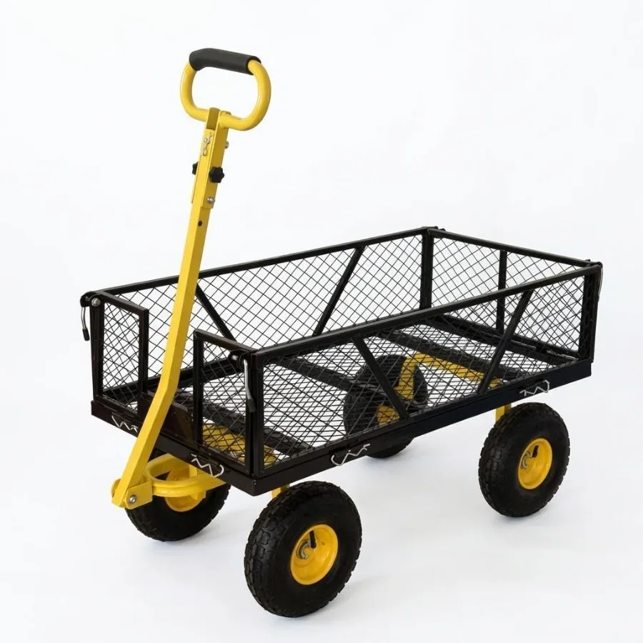 Heavy Duty Steel Garden Cart for outdoor use, steel, black, 950 LBS load capacity with 10 inch tires and 180 rotating handle fo