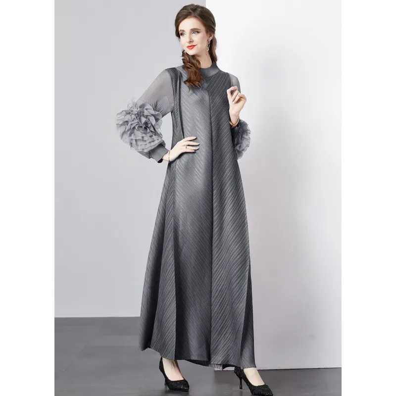 Luxury Brand Design Women Clothing Pleated High Neck Oversized Maxi Dress 3D Petal Sleeves Robe Party Birthday Wedding Gown Robe