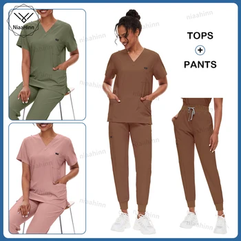 Medisch Uniform Pak Scrub Voor Vrouwen Klassieke V-Hals Top & Jogger Scrubs Broek Verpleegstersuniformen Elastische Effen Kleur Chirurgische Jurken