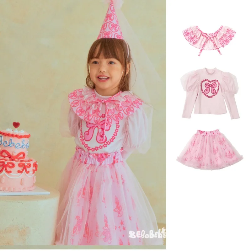 

Girls' T-Shirt Skirt 2026 Spring New Arrival Pink Printed Fashion Bow Top Cotton Korean Style Mesh Skirt Birthday Party Dress