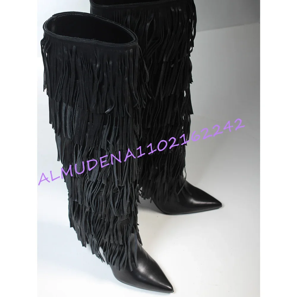 Women Black Fringe Knee High Boots Pointed Toe Stiletto Heel Layered Tassel Design Western Style High Heel Boots For Party  46