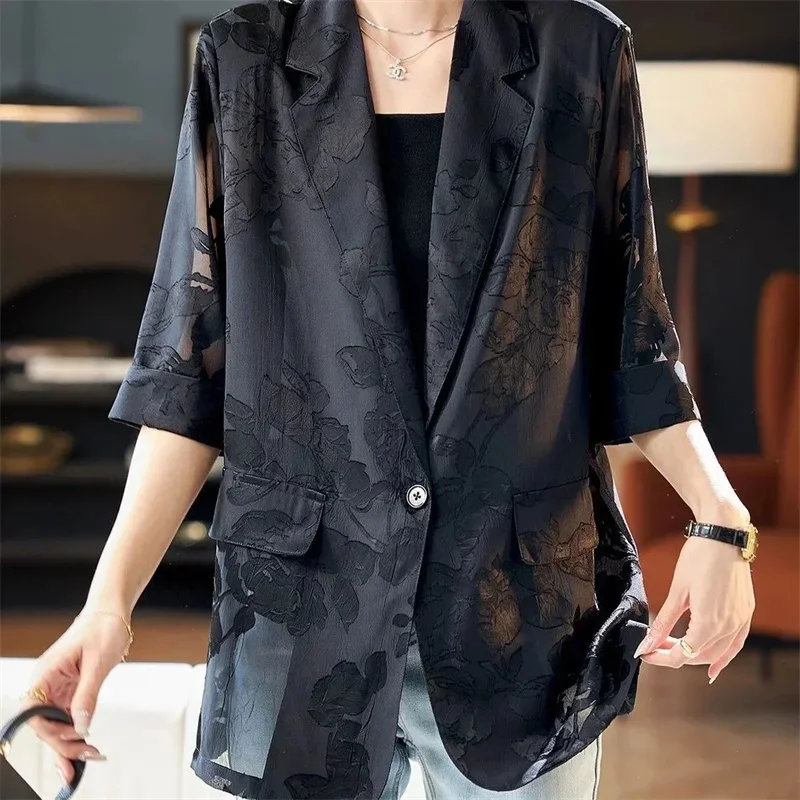 2024 Spring Summer Blazer Vintage Jacquard Sunscreen Jacket Women's Plus Size Loose Coat Top Female Leisure Thin Suit Jackets