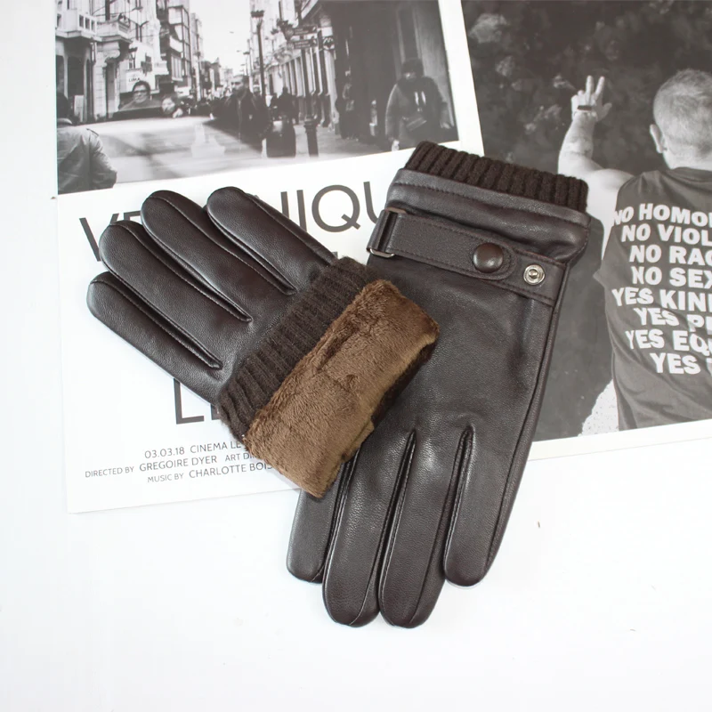 Nuevos guantes de piel de oveja para hombre, estilo de otoño con botones, pantalla táctil, forro polar cálido, guantes de cuero para conducir para