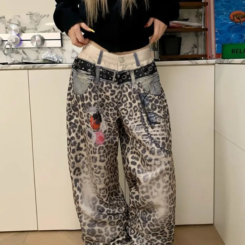 Leopard Print Jeans Women Loose Straight Wide Leg Mopping Trousers Baggy Jeans