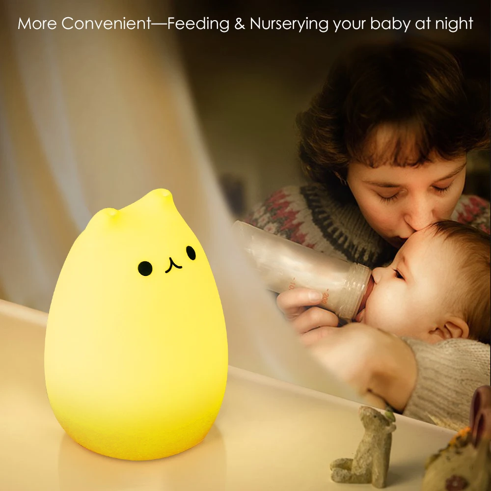 Children Night Light, EECOO Cute Cat Lamp Soft Silicone Sensitive Tap Control Decompression Toy