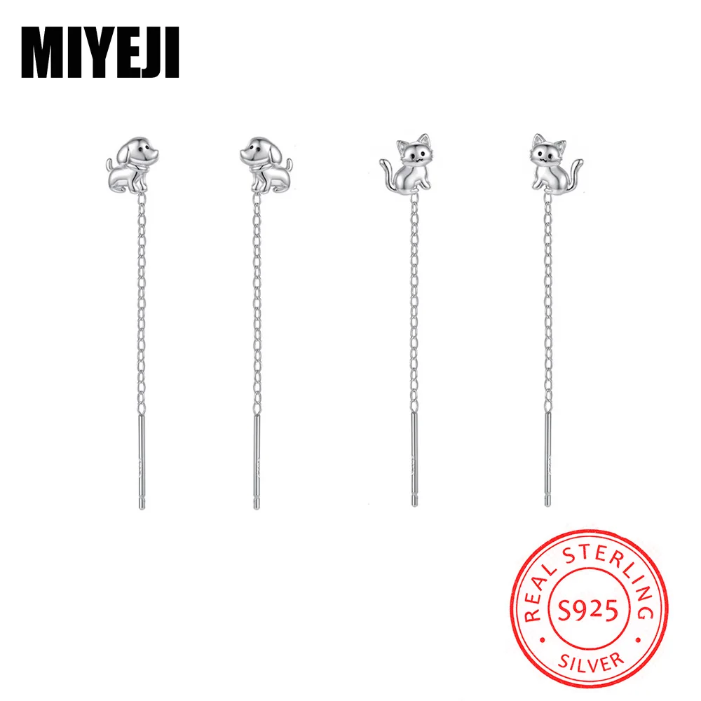 MIYEJI Real 925 Sterling Silver Cat Dog Chain Tassel Mini Stud Earrings For Women Party Daily Wear Cute Animal Fine Jewelry Gift