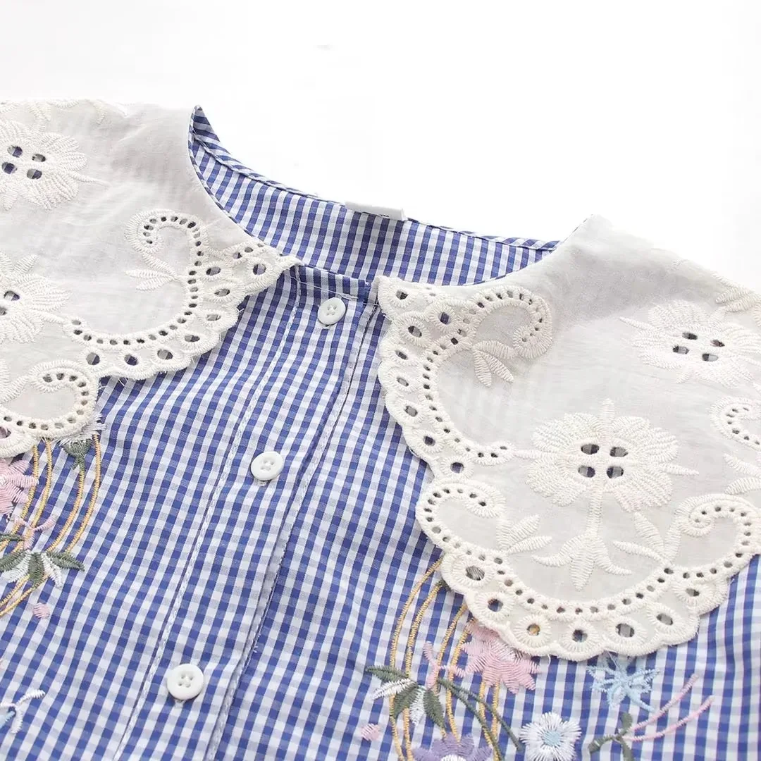 New Autumn Cotton Embroidery Shirts Women Peter Pan Collar Lace Tops Girl Long Sleeve Loose Blouses Sweet Cute Spring T39279QC